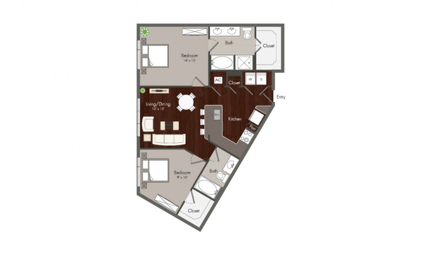 Lillian - 2 bedroom floorplan layout with 2 baths and 975 square feet.