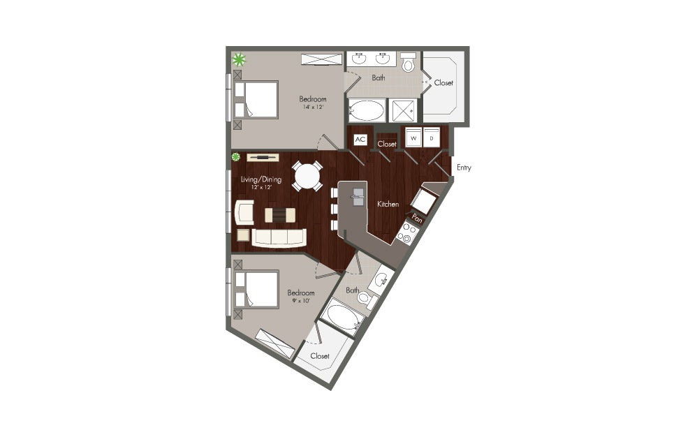 Lillian - 2 bedroom floorplan layout with 2 baths and 975 square feet. (Preview)