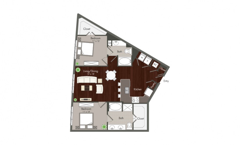 Malone - 2 bedroom floorplan layout with 2 baths and 1189 square feet.