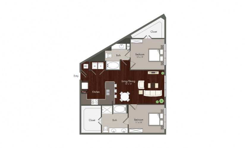 Minola - 2 bedroom floorplan layout with 2 baths and 1196 square feet.