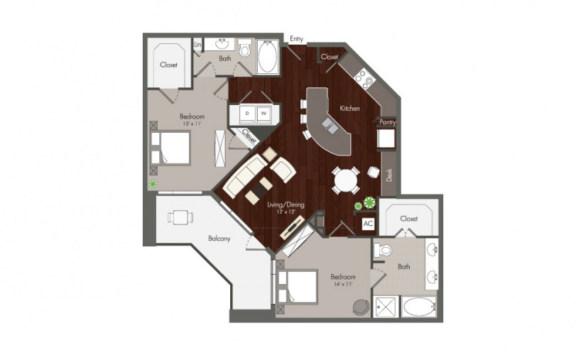 Nett - 2 bedroom floorplan layout with 2 baths and 1261 to 1262 square feet.