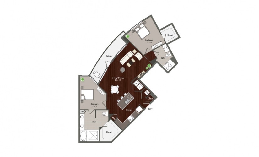 Parker - 2 bedroom floorplan layout with 2 baths and 1272 square feet.