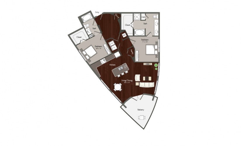 Prague - 2 bedroom floorplan layout with 2 baths and 1321 square feet.