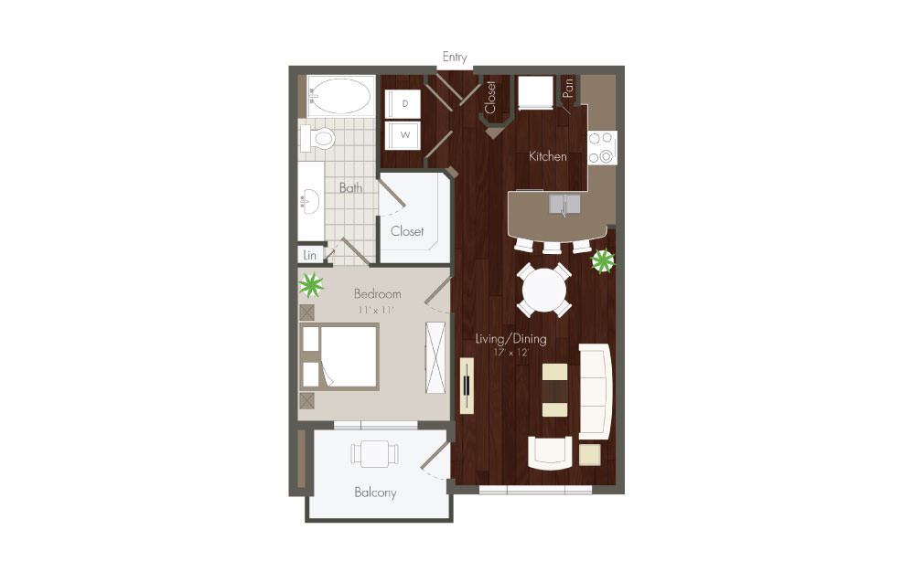 Birdsall - 1 bedroom floorplan layout with 1 bath and 659 to 709 square feet.