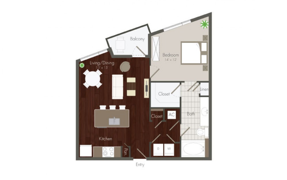 Blossom - 1 bedroom floorplan layout with 1 bath and 692 square feet.
