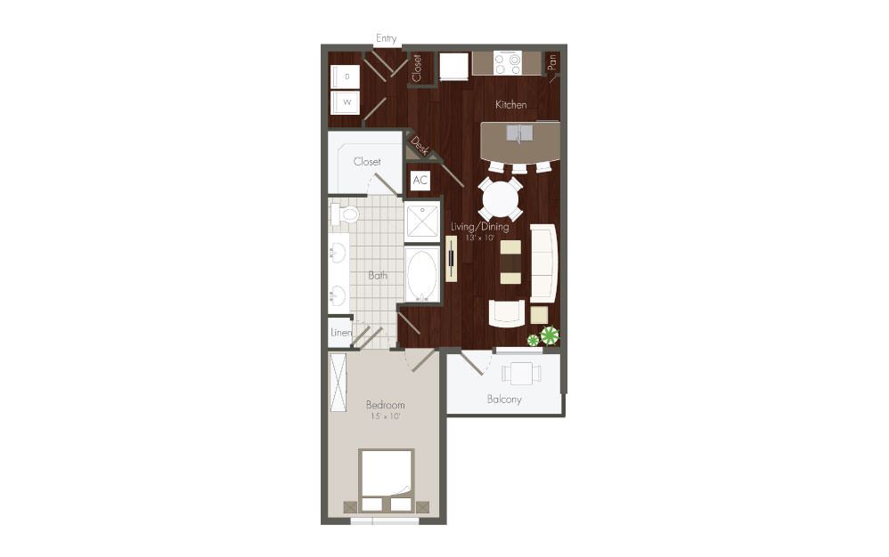 Chandler - 1 bedroom floorplan layout with 1 bath and 718 square feet.