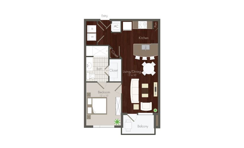 Asbury - 1 bedroom floorplan layout with 1 bath and 597 to 624 square feet.