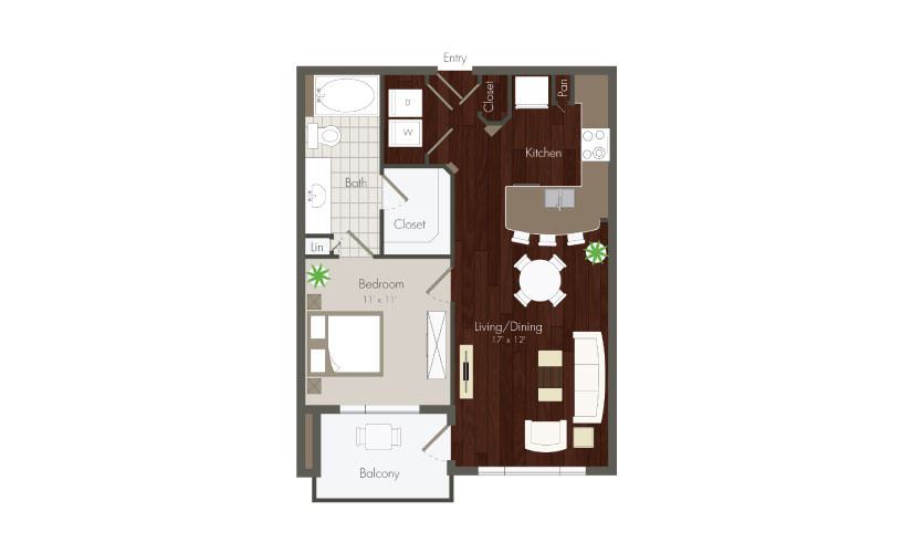 Birdsall - 1 bedroom floorplan layout with 1 bath and 659 to 709 square feet.