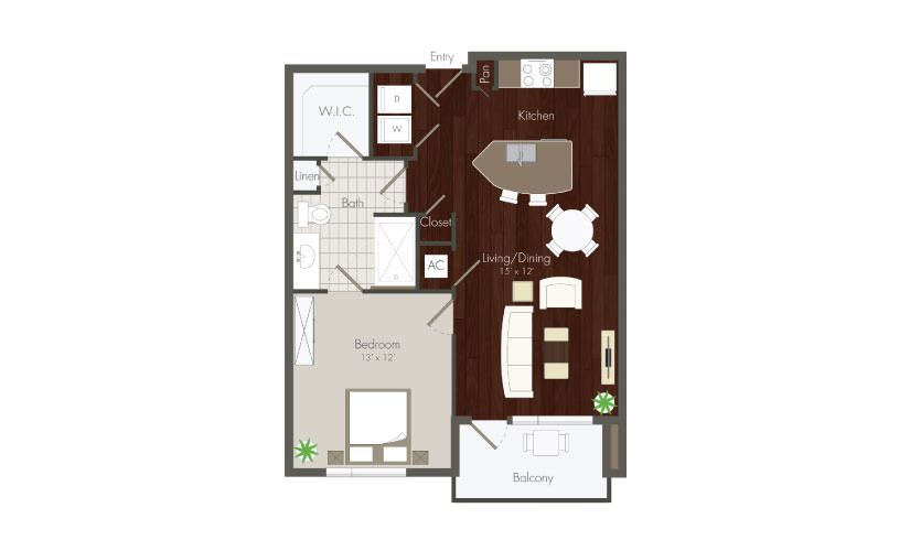 Clyde - 1 bedroom floorplan layout with 1 bath and 723 to 752 square feet.