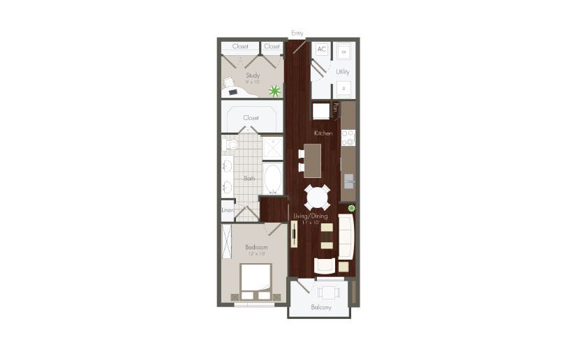 Haskell - 1 bedroom floorplan layout with 1 bath and 717 to 800 square feet. (Preview)